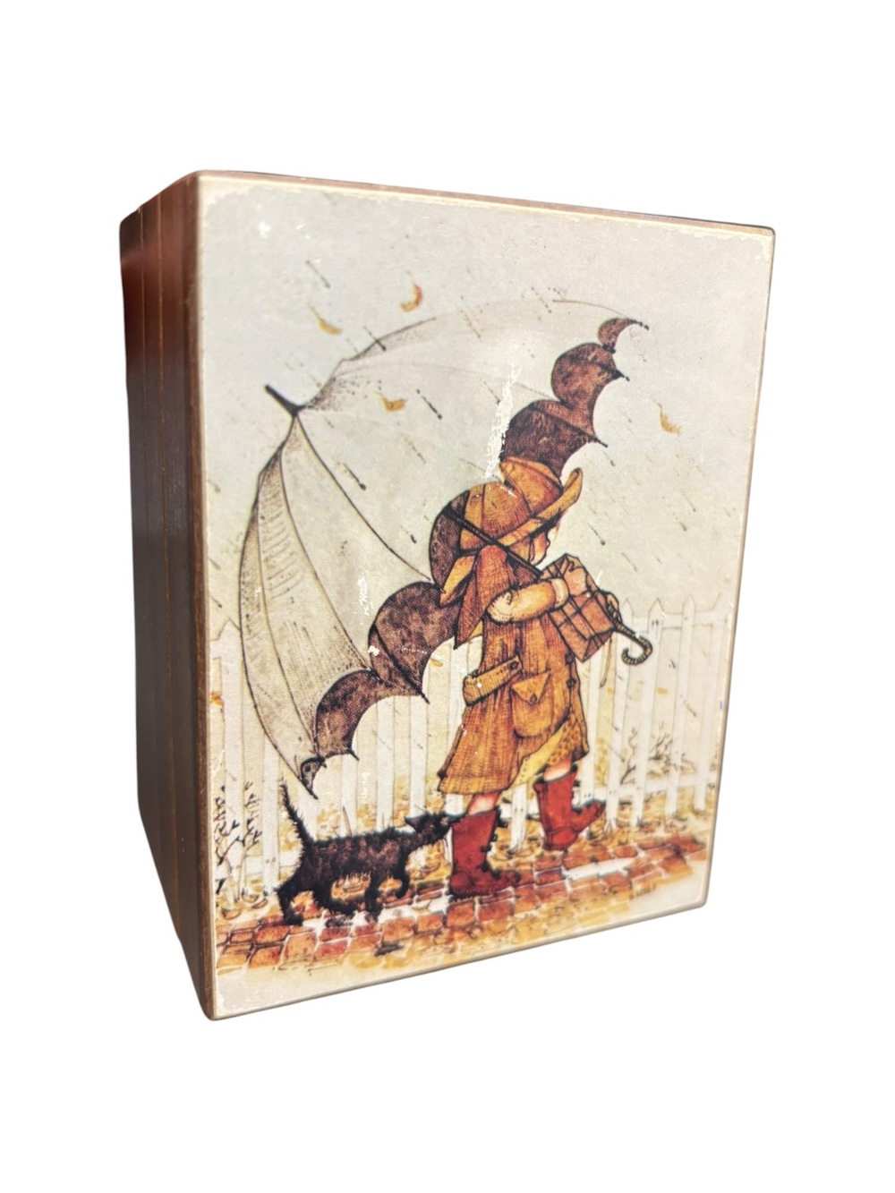 Vintage Sankyo Japan Wooden Music Box Girl Umbrella Dog